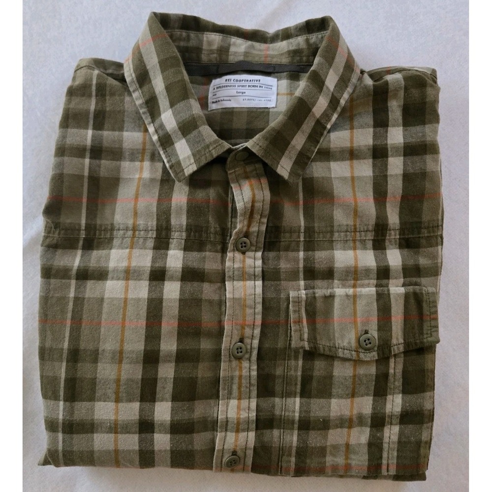 REI Cooperative Green Brown Plaid Button Up Long Sleeve Shirt Outdoors Men's L